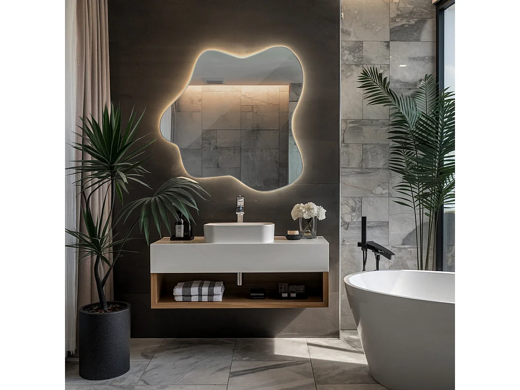 Miroir asymétrique moderne sans cadre avec éclairage LED intégré, lumière neutre, parfait pour décoration murale - 48,3 cm x 47,9 cm