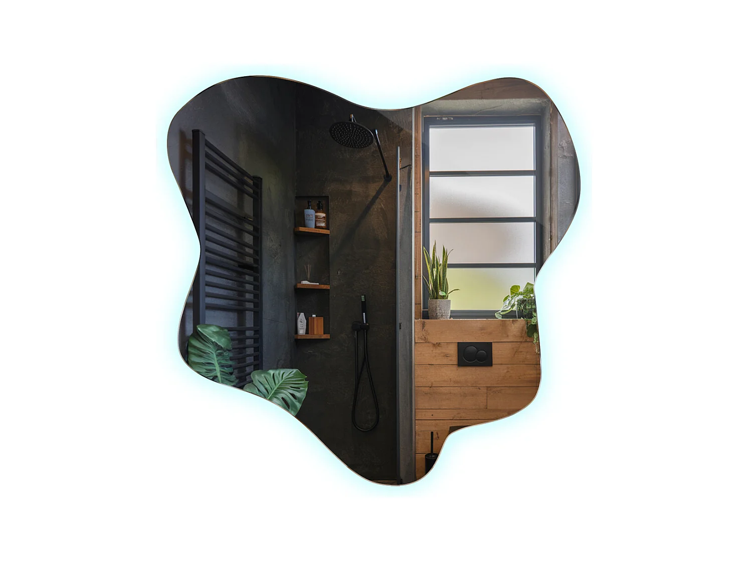 Miroir asymétrique tendance avec LED, lumière froide, parfait pour salle de bain et entrée - 58 cm x 57,5 cm