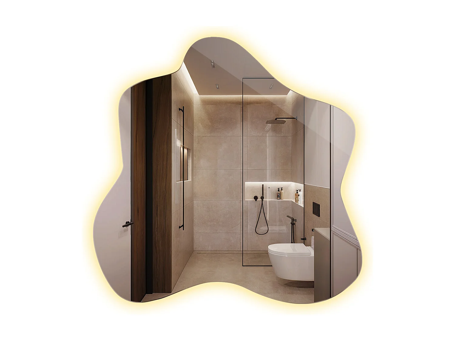 Modernes asymmetrisches Spiegel ohne Rahmen mit integrierter LED-Beleuchtung, warmes Licht, perfekt für Wanddekoration - 48,3 cm x 47,9 cm Asymmetrischer spiegel