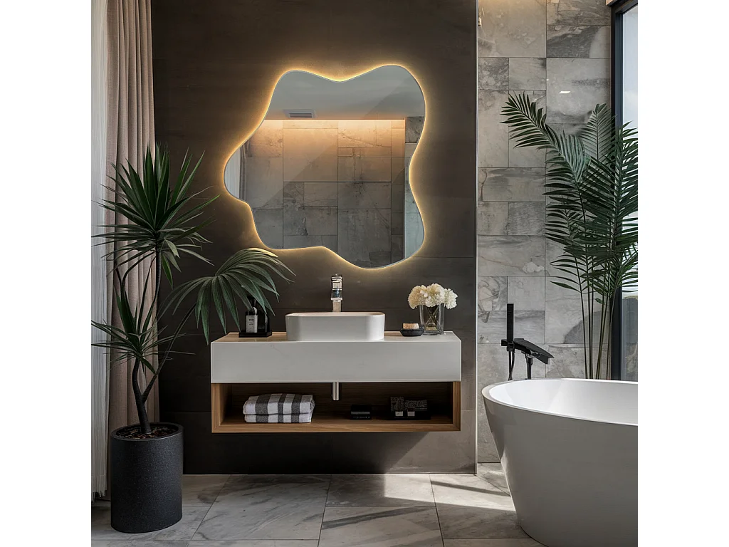 Moderne asymmetrische wandspiegel met warm LED-licht, ideaal voor minimalistische inrichting en een gezellige sfeer - 67,6 cm x 67 cm