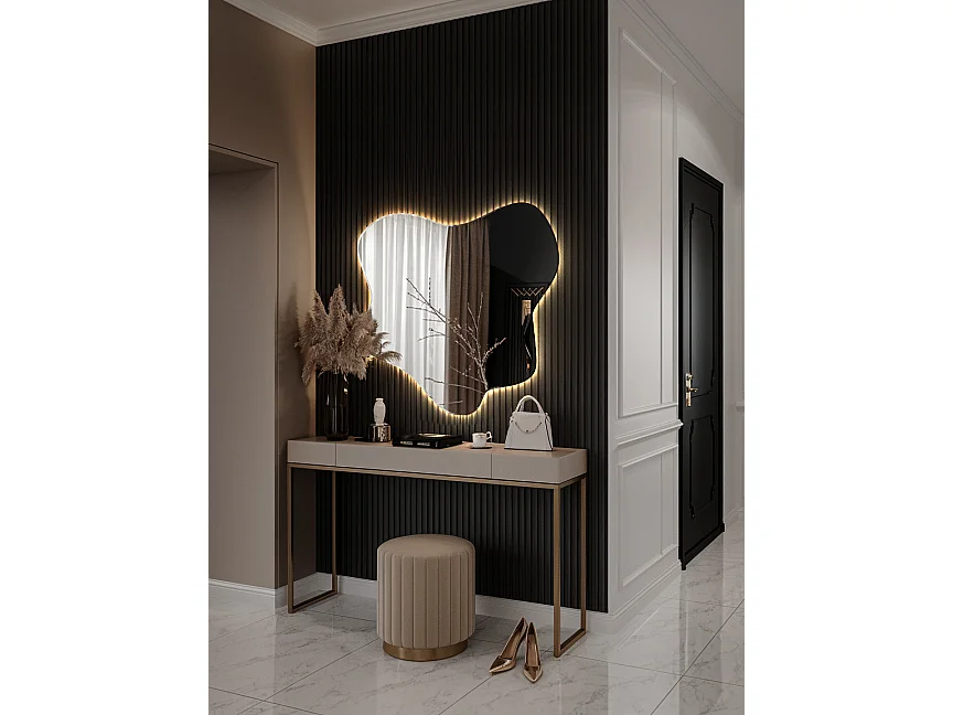 Moderner asymmetrischer Wandspiegel mit warmer LED-Beleuchtung, ideal für minimalistische Dekorationen und gemütliche Atmosphäre - 67,6 cm x 67 cm