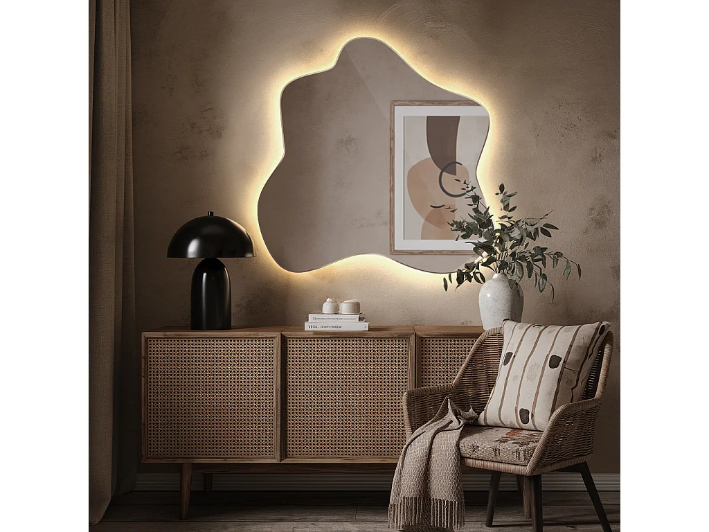 Moderner asymmetrischer Wandspiegel mit warmer LED-Beleuchtung, ideal für minimalistische Dekorationen und gemütliche Atmosphäre - 67,6 cm x 67 cm
