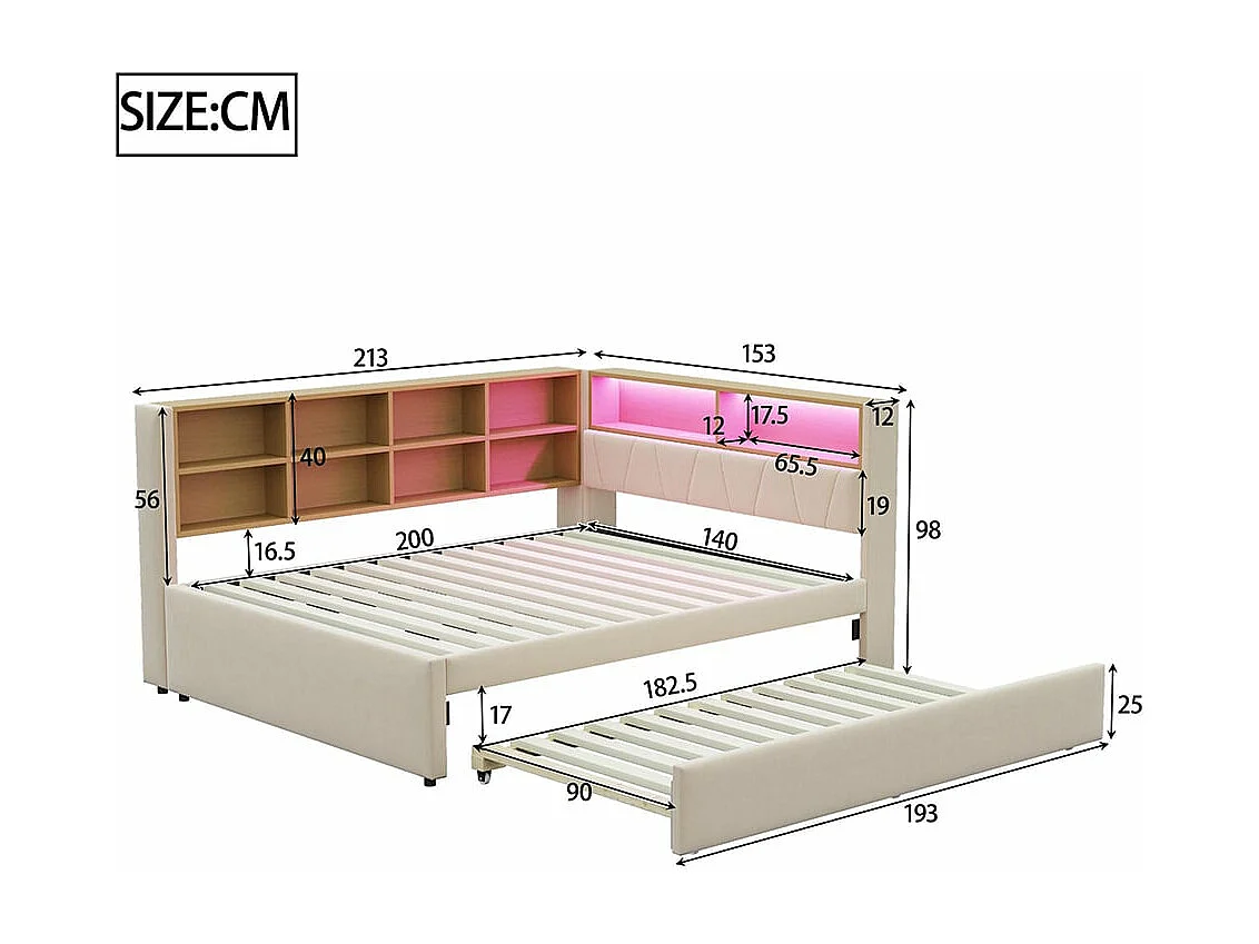 Canapé-lit 140*200, lit escamotable 90*190 avec éclairage LED, prises de courant et multiples compartiments de rangement, flanelle, beige.