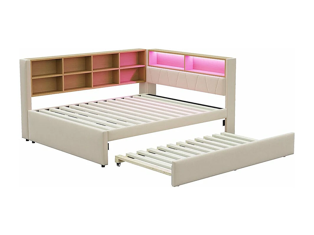 Canapé-lit 140*200, lit escamotable 90*190 avec éclairage LED, prises de courant et multiples compartiments de rangement, flanelle, beige.