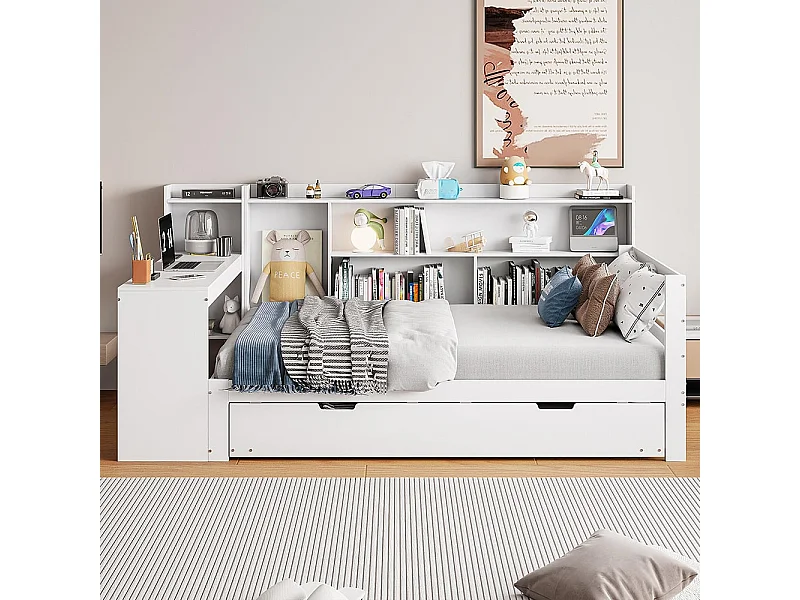 Sofá-cama de madeira maciça, 90*200 cm, com secretária, prateleiras, compartimentos de arrumação, com tomadas eléctricas, cama extraível por baixo, branco