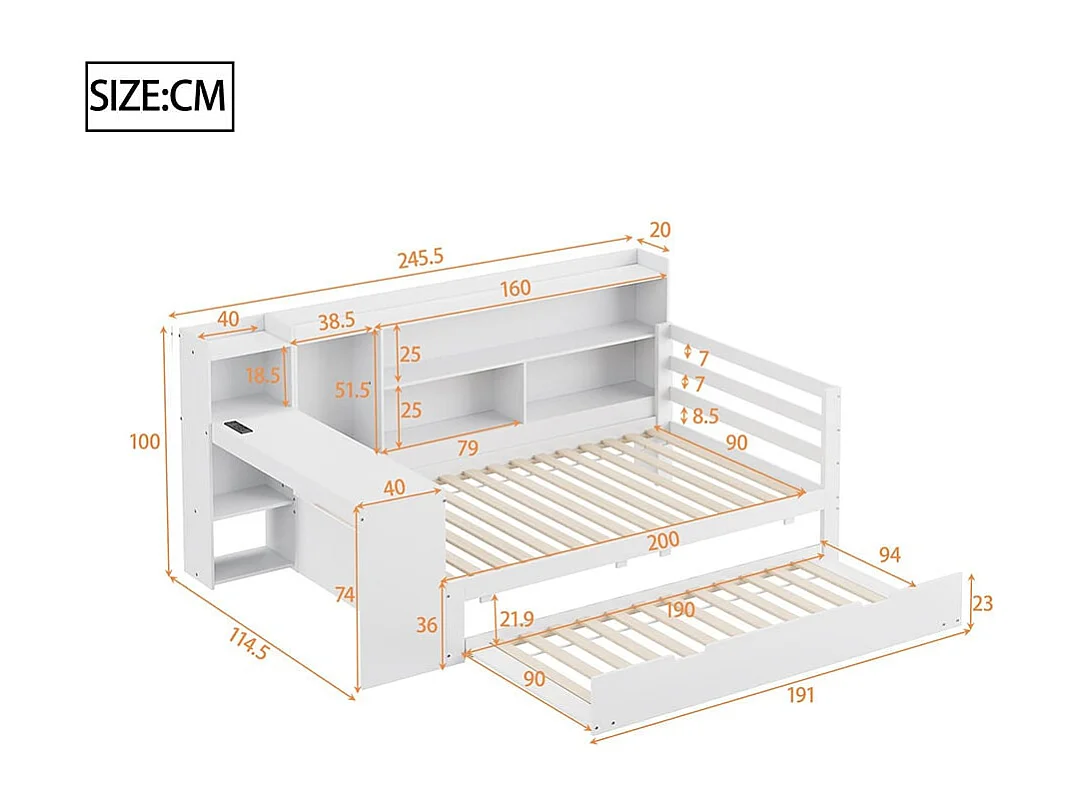 Canapé-lit en bois massif, 90*200 cm, avec bureau, étagères, compartiments de rangement, avec prises de courant, lit escamotable en dessous, blanc