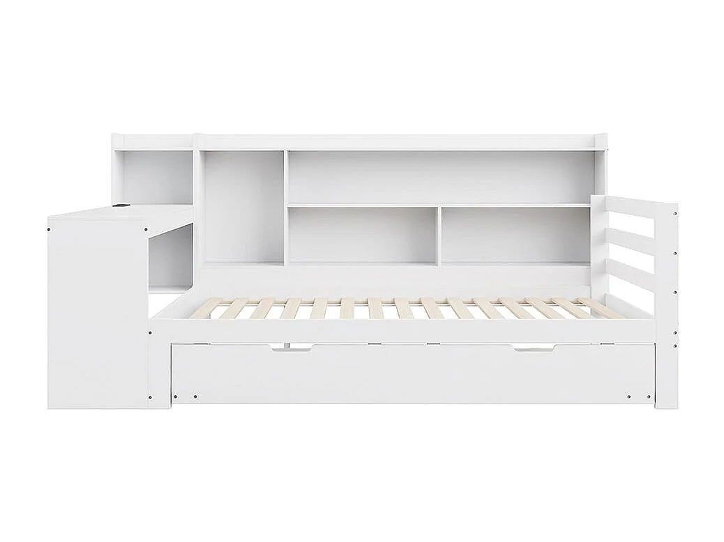 Canapé-lit en bois massif, 90*200 cm, avec bureau, étagères, compartiments de rangement, avec prises de courant, lit escamotable en dessous, blanc