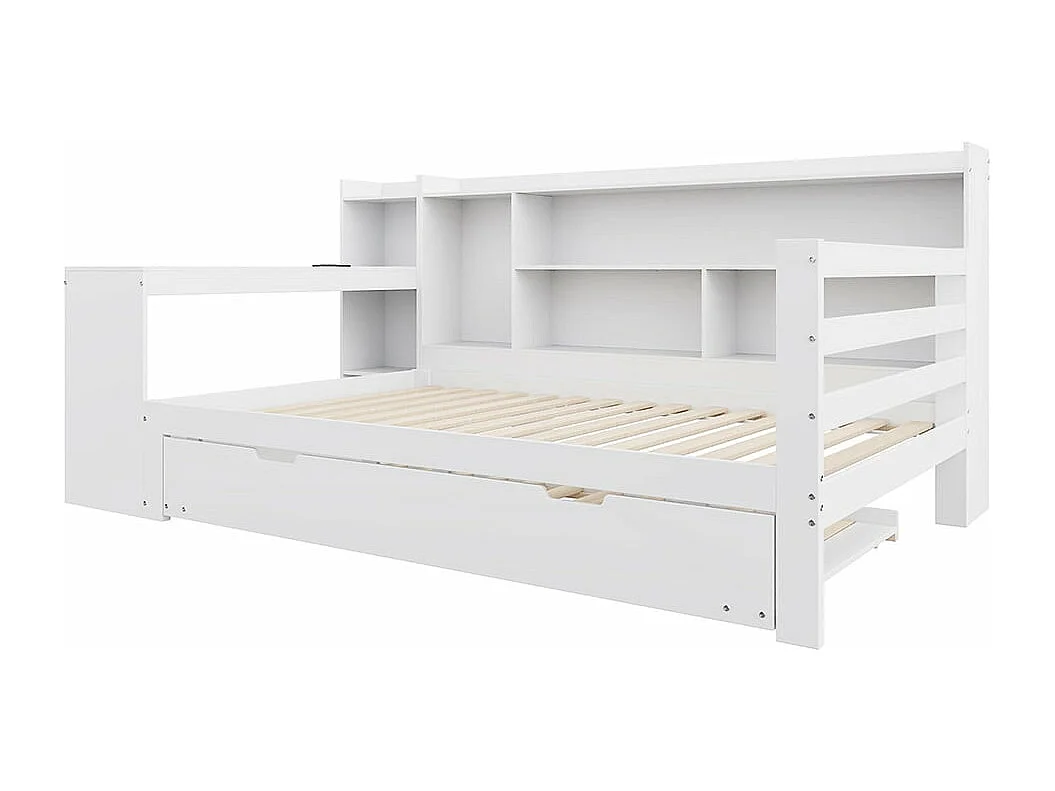Canapé-lit en bois massif, 90*200 cm, avec bureau, étagères, compartiments de rangement, avec prises de courant, lit escamotable en dessous, blanc