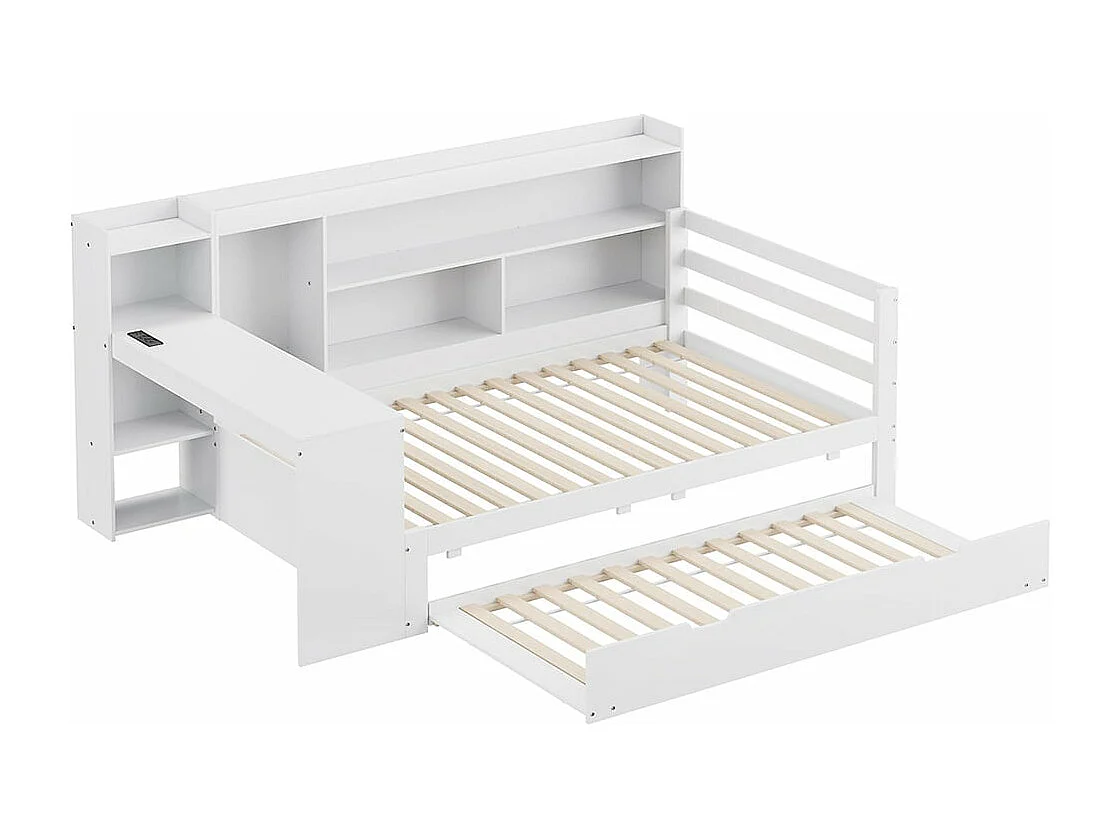 Canapé-lit en bois massif, 90*200 cm, avec bureau, étagères, compartiments de rangement, avec prises de courant, lit escamotable en dessous, blanc