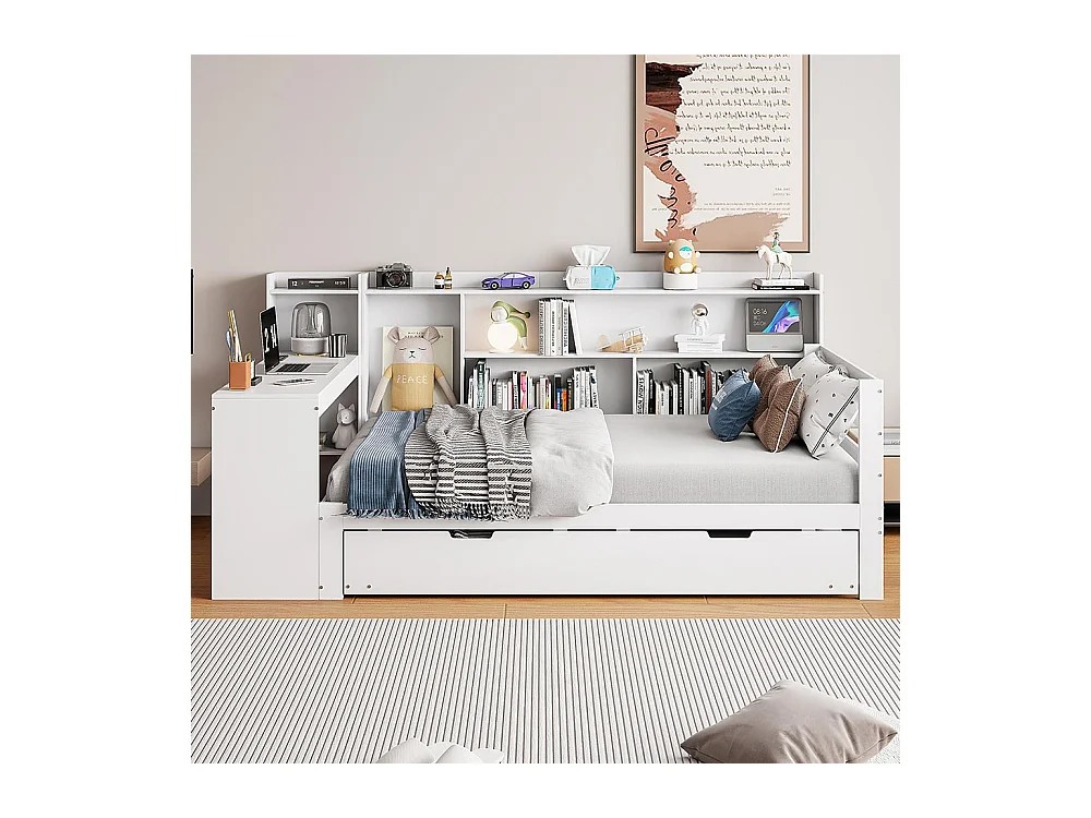 Massief houten slaapbank, 90*200 cm, met bureau, planken, opbergvakken, met stopcontacten, uitschuifbed eronder, wit