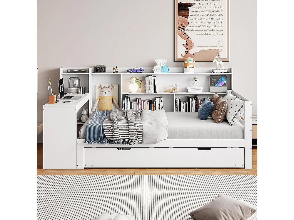 Massief houten slaapbank, 90*200 cm, met bureau, planken, opbergvakken, met stopcontacten, uitschuifbed eronder, wit