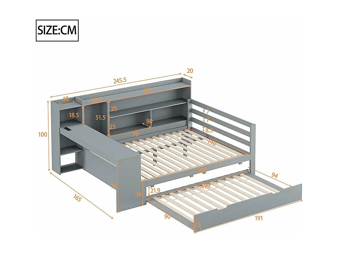 Canapé-lit en bois massif 140*200 cm, avec bureau, étagères, compartiments de rangement, avec prises de courant, lit gigogne sous le lit, gris