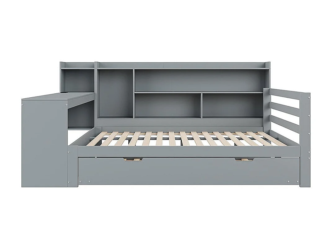 Canapé-lit en bois massif 140*200 cm, avec bureau, étagères, compartiments de rangement, avec prises de courant, lit gigogne sous le lit, gris
