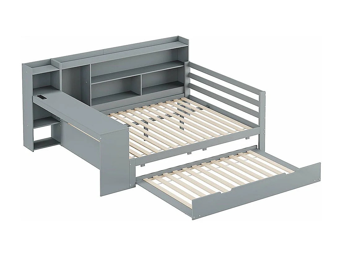 Canapé-lit en bois massif 140*200 cm, avec bureau, étagères, compartiments de rangement, avec prises de courant, lit gigogne sous le lit, gris