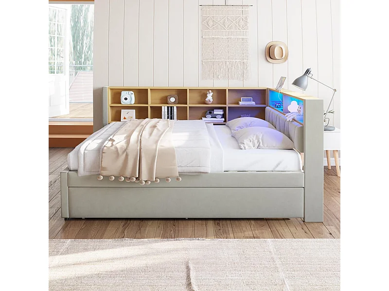 Schlafsofa 140*200, Ausziehbett 90*190 mit LED-Beleuchtung, Steckdosen und mehreren Staufächern, Flanell, hellgrau.