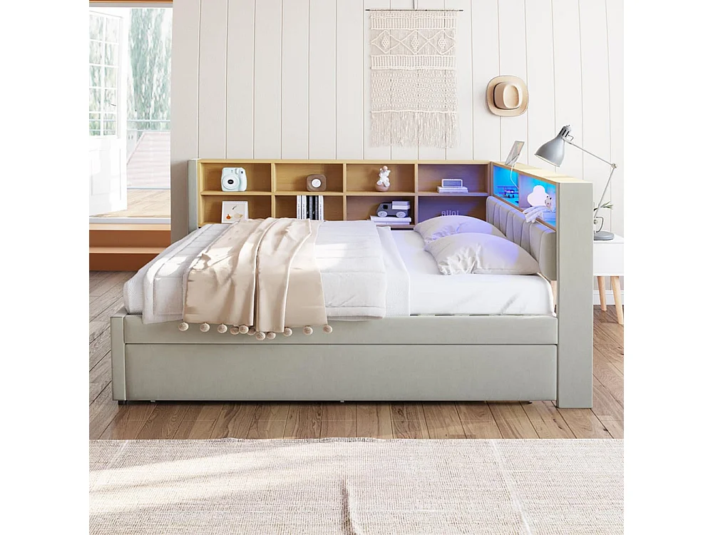 Canapé-lit 140*200, lit escamotable 90*190 avec éclairage LED, prises de courant et multiples compartiments de rangement, flanelle, gris clair