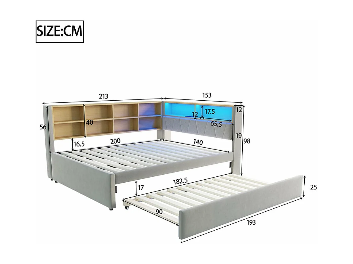 Canapé-lit 140*200, lit escamotable 90*190 avec éclairage LED, prises de courant et multiples compartiments de rangement, flanelle, gris clair