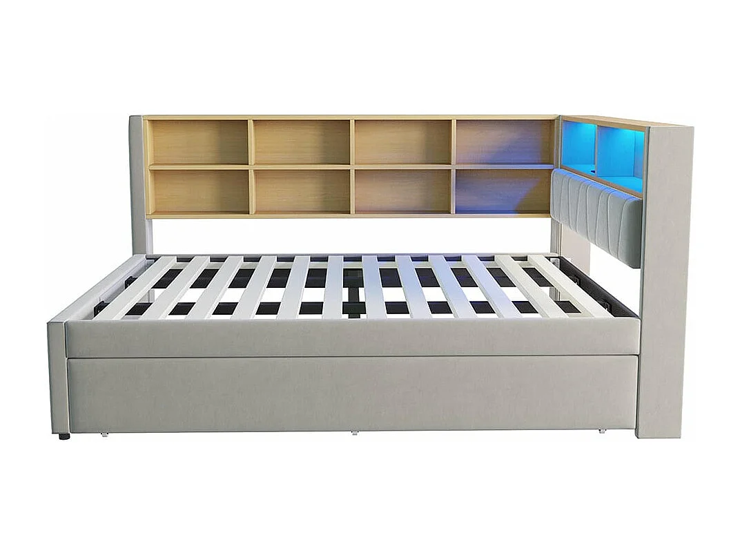 Canapé-lit 140*200, lit escamotable 90*190 avec éclairage LED, prises de courant et multiples compartiments de rangement, flanelle, gris clair