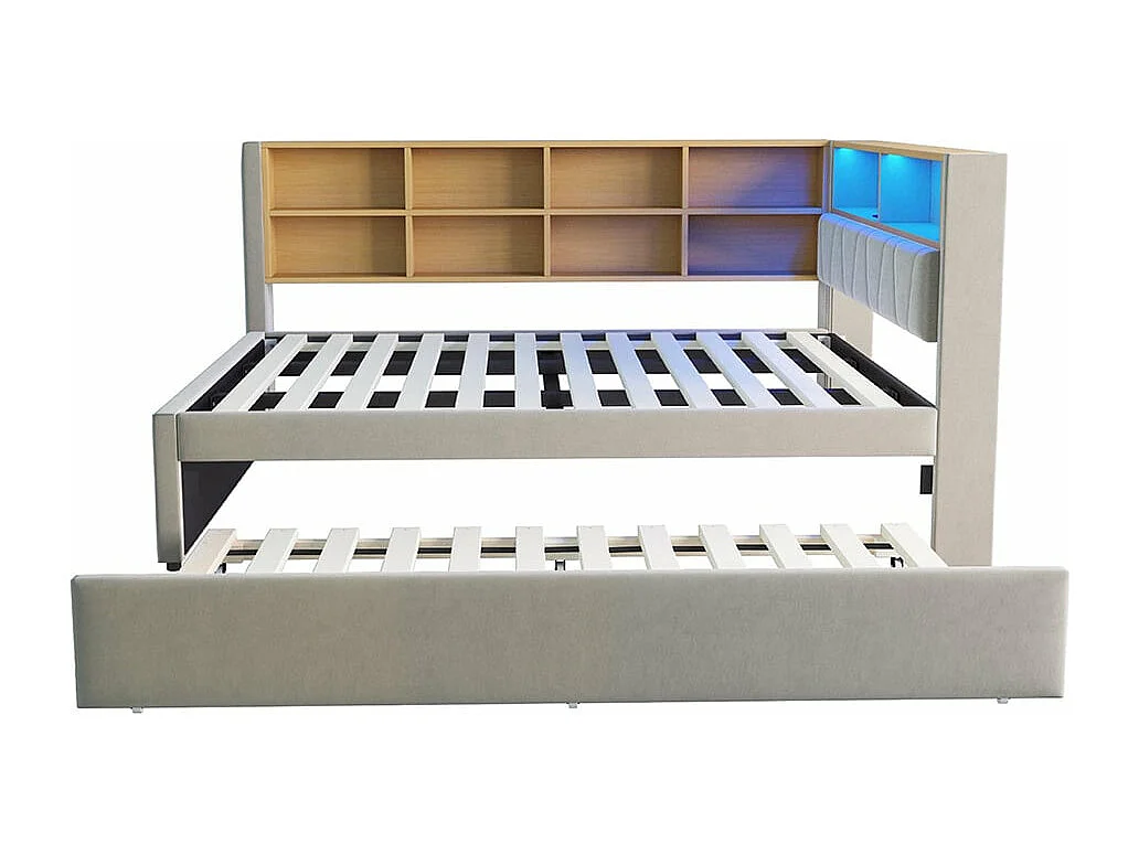 Canapé-lit 140*200, lit escamotable 90*190 avec éclairage LED, prises de courant et multiples compartiments de rangement, flanelle, gris clair