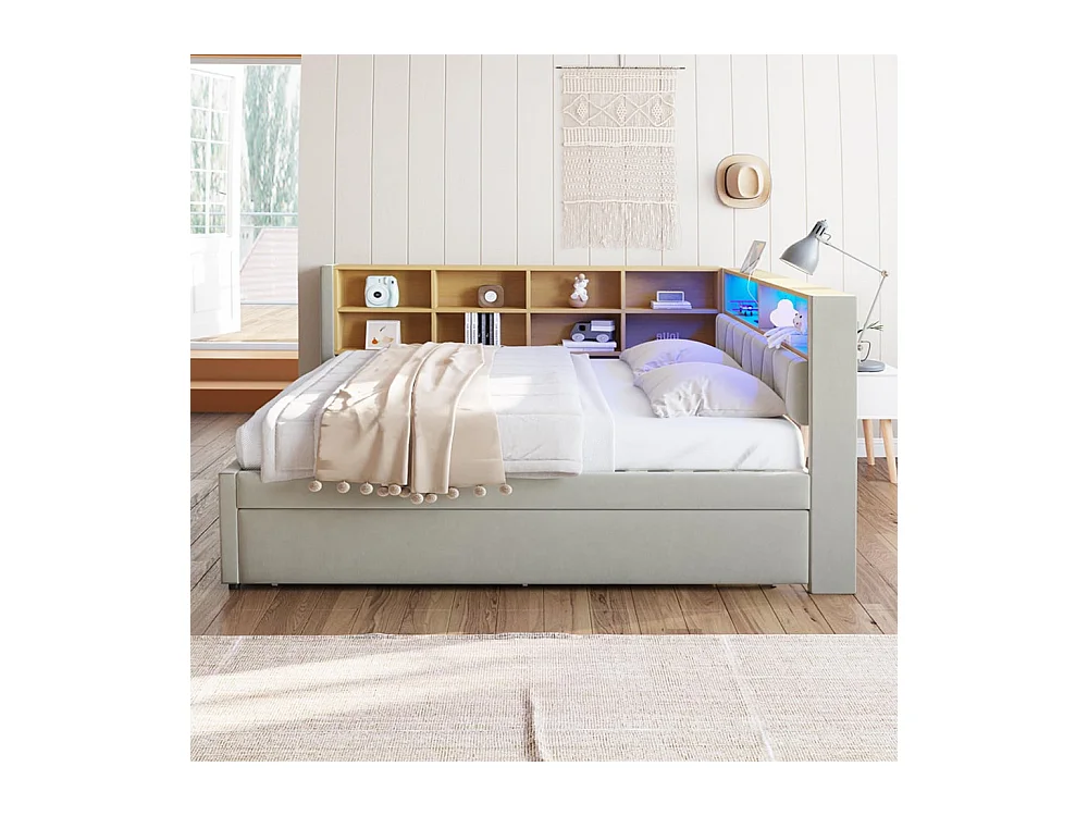 Slaapbank 140*200, opklapbed 90*190 met LED-verlichting, stopcontacten en meerdere opbergvakken, molton, lichtgrijs