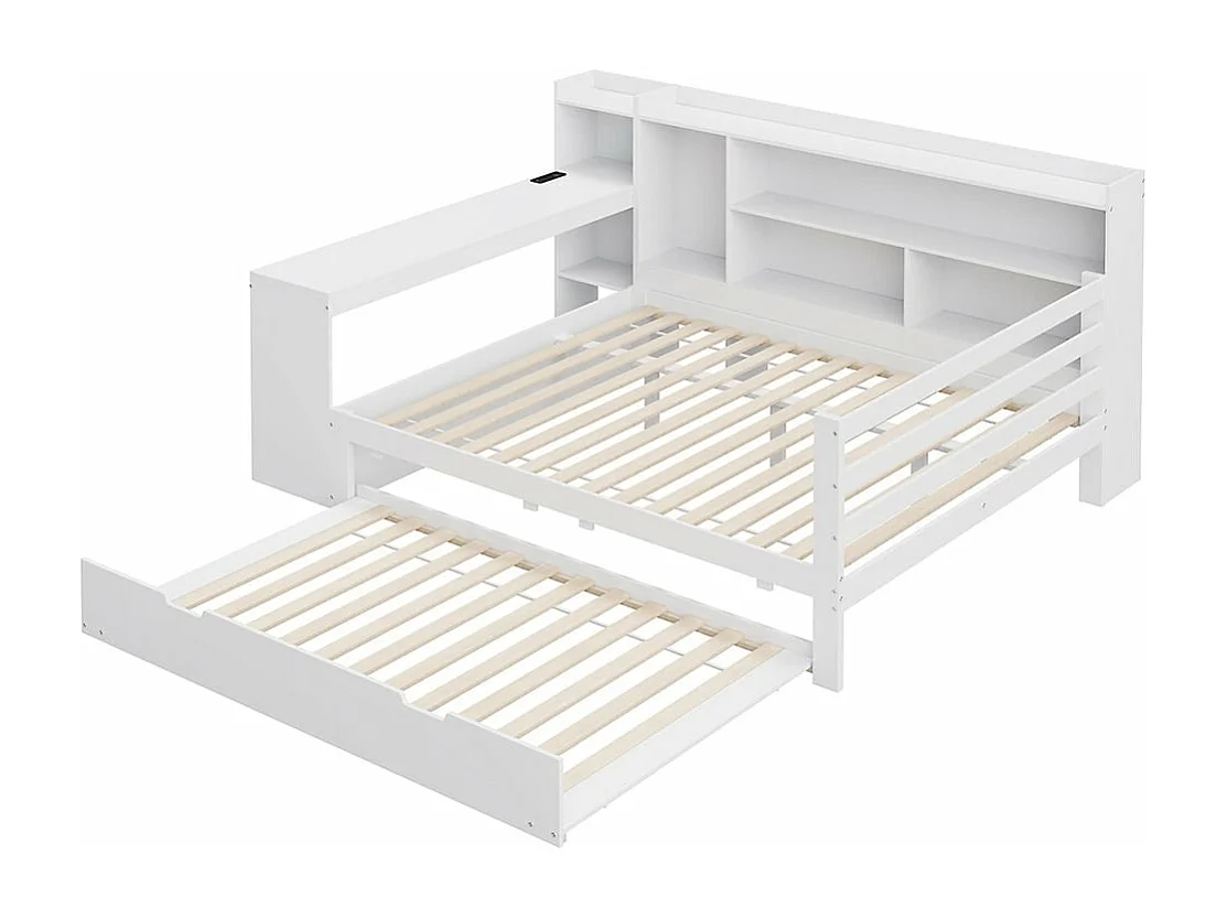 Slaapbank in massief hout 140*200 cm, met bureau, legplanken, opbergvakken, met stopcontacten, onderschuifbed, wit
