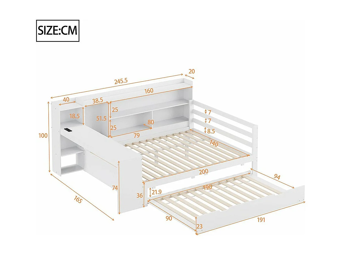 Canapé-lit en bois massif 140*200 cm, avec bureau, étagères, compartiments de rangement, avec prises de courant, lit gigogne sous le lit, blanc
