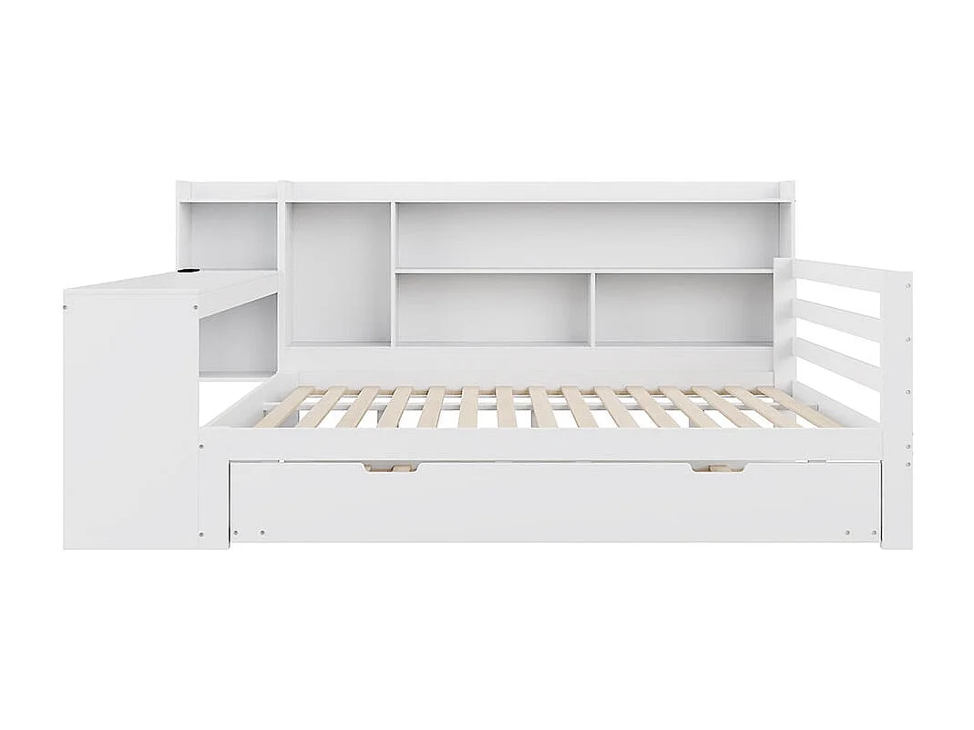Canapé-lit en bois massif 140*200 cm, avec bureau, étagères, compartiments de rangement, avec prises de courant, lit gigogne sous le lit, blanc