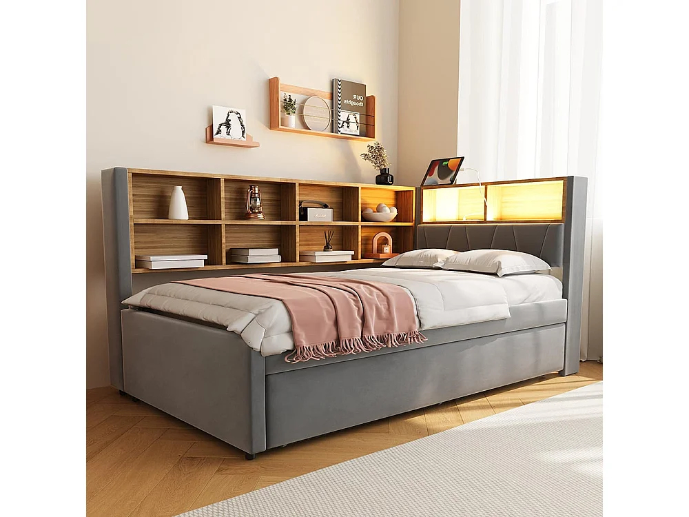 Canapé-lit 90*200, lit escamotable 90*190 avec éclairage LED, prises de courant et multiples compartiments de rangement, flanelle, gris foncé