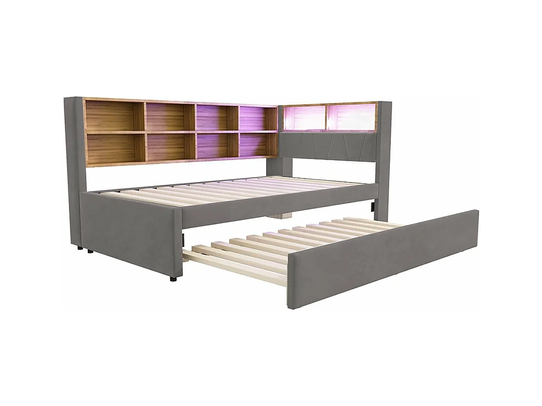 Canapé-lit 90*200, lit escamotable 90*190 avec éclairage LED, prises de courant et multiples compartiments de rangement, flanelle, gris foncé