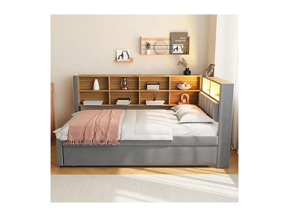 Schlafsofa 90*200, Ausziehbett 90*190 mit LED-Beleuchtung, Steckdosen und mehreren Staufächern, Flanell, dunkelgrau.