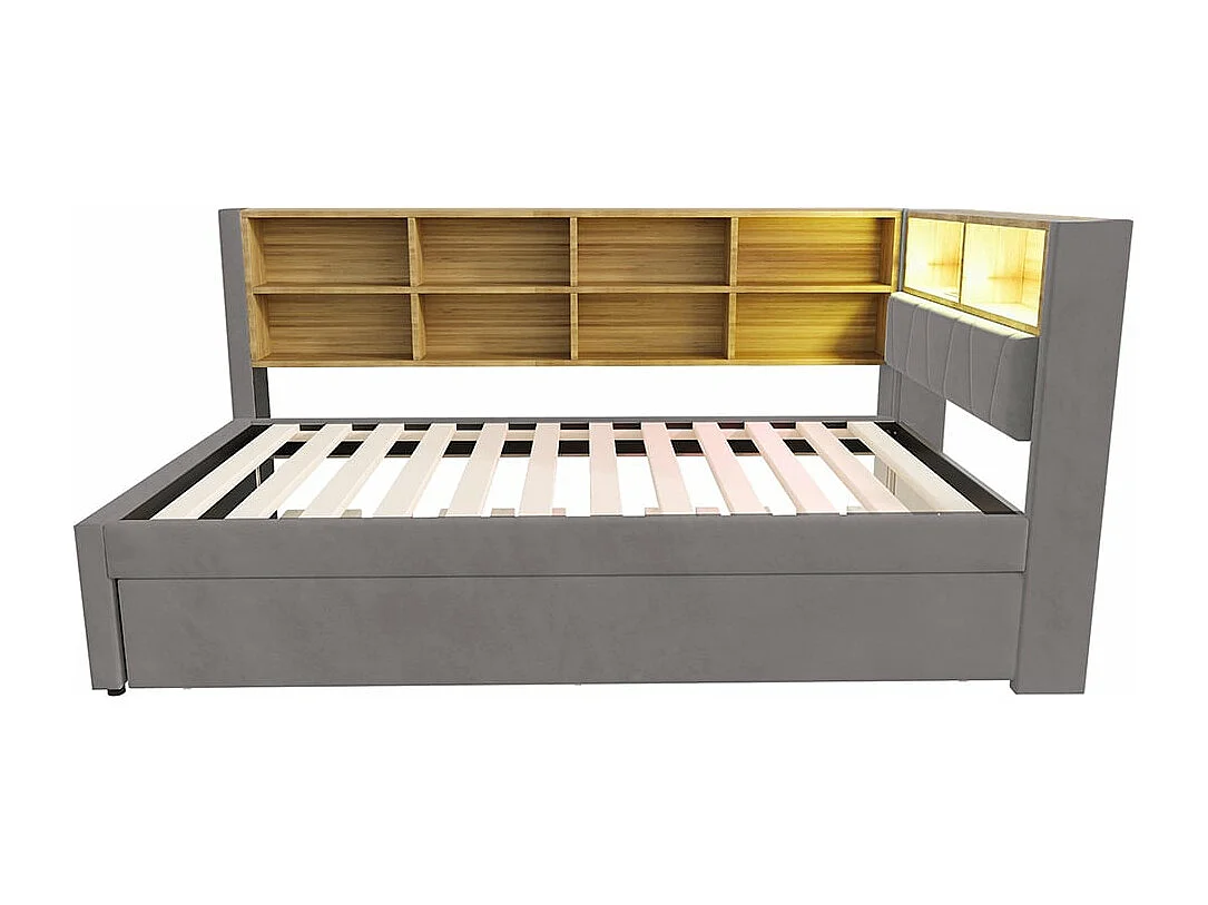 Canapé-lit 90*200, lit escamotable 90*190 avec éclairage LED, prises de courant et multiples compartiments de rangement, flanelle, gris foncé