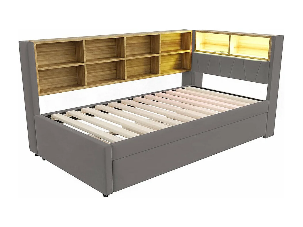 Canapé-lit 90*200, lit escamotable 90*190 avec éclairage LED, prises de courant et multiples compartiments de rangement, flanelle, gris foncé