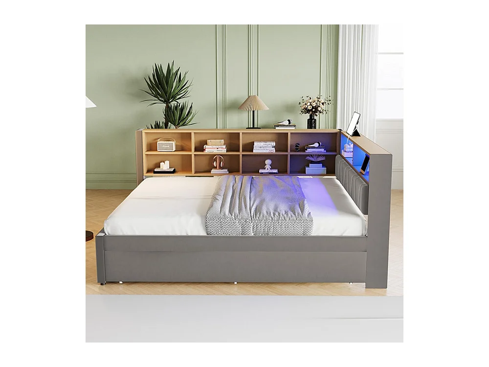 Slaapbank 140*200, opklapbed 90*190 met LED-verlichting, stopcontacten en meerdere opbergvakken, molton, donkergrijs