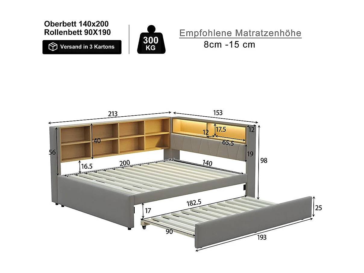 Canapé-lit 140*200, lit escamotable 90*190 avec éclairage LED, prises de courant et multiples compartiments de rangement, flanelle, gris foncé