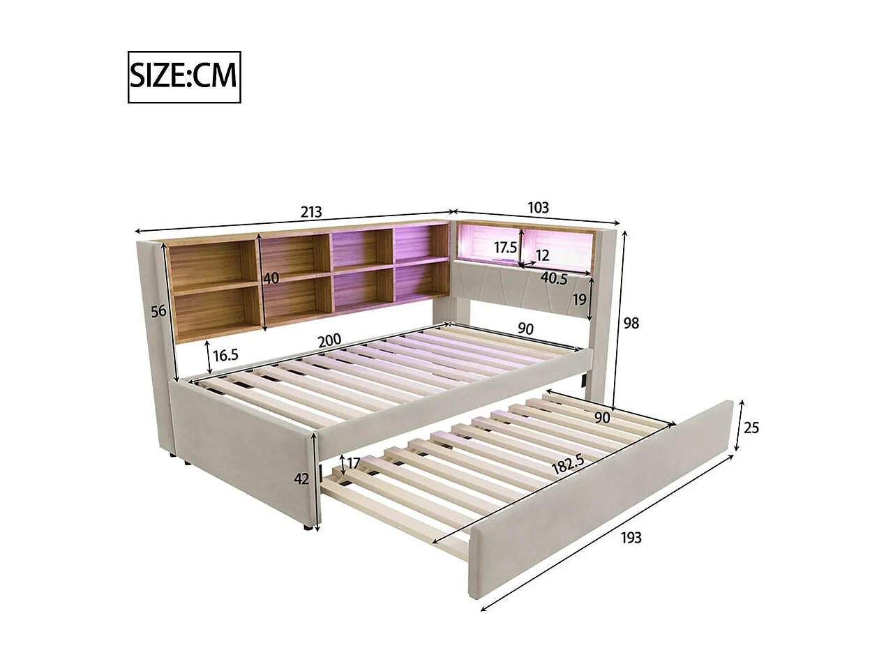Canapé-lit 90*200, lit escamotable 90*190 avec éclairage LED, prises de courant et multiples compartiments de rangement, flanelle, gris clair.