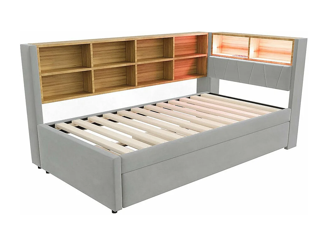 Canapé-lit 90*200, lit escamotable 90*190 avec éclairage LED, prises de courant et multiples compartiments de rangement, flanelle, gris clair.