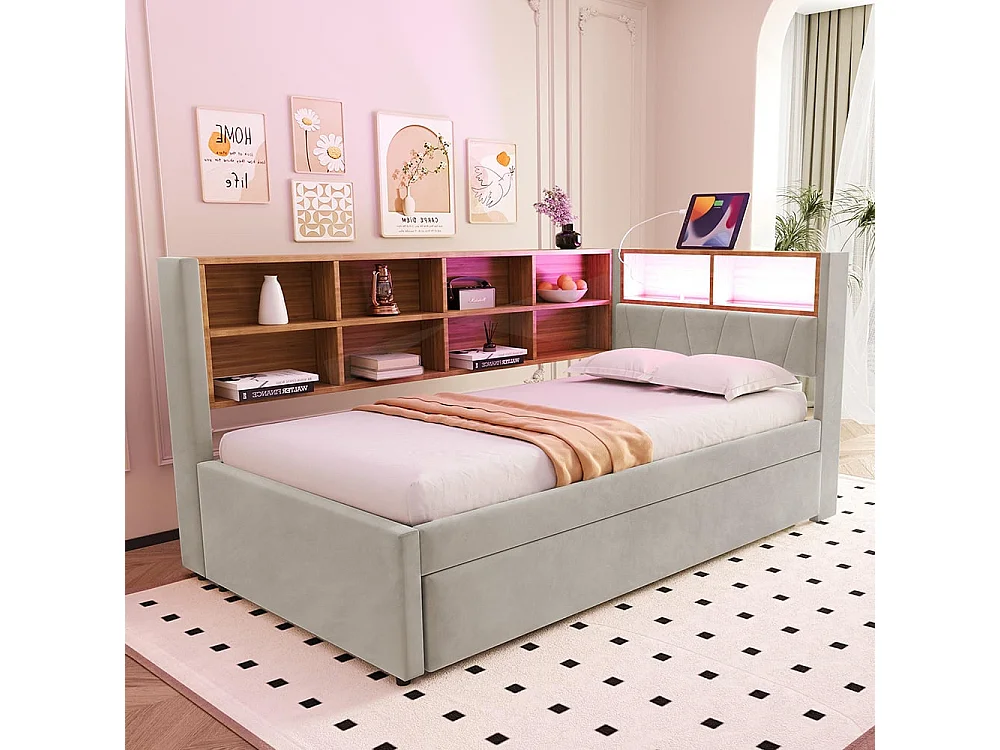 Schlafsofa 90*200, Ausziehbares Bett 90*190 mit LED-Beleuchtung, Steckdosen und mehreren Staufächern, Flanell, hellgrau.