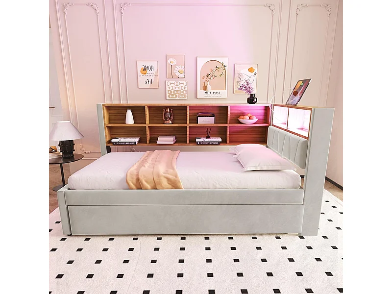 Schlafsofa 90*200, Ausziehbares Bett 90*190 mit LED-Beleuchtung, Steckdosen und mehreren Staufächern, Flanell, hellgrau.