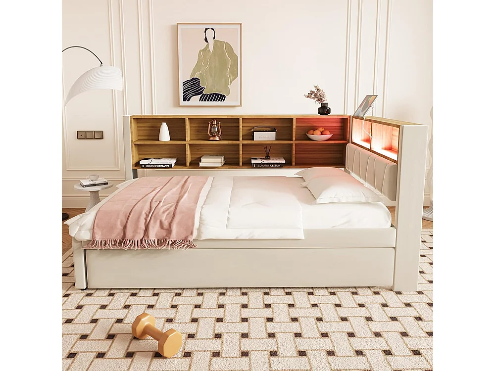 Canapé-lit 90*200, lit escamotable 90*190 avec éclairage LED, prises de courant et multiples compartiments de rangement, flanelle, beige