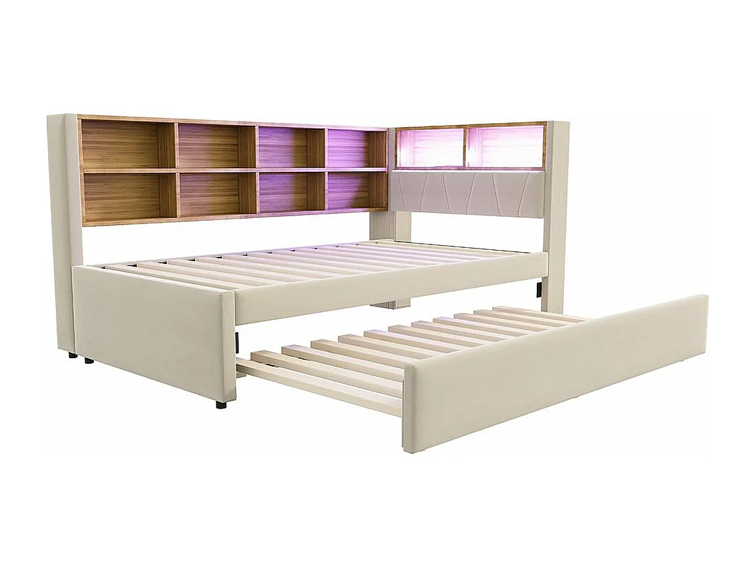 Canapé-lit 90*200, lit escamotable 90*190 avec éclairage LED, prises de courant et multiples compartiments de rangement, flanelle, beige