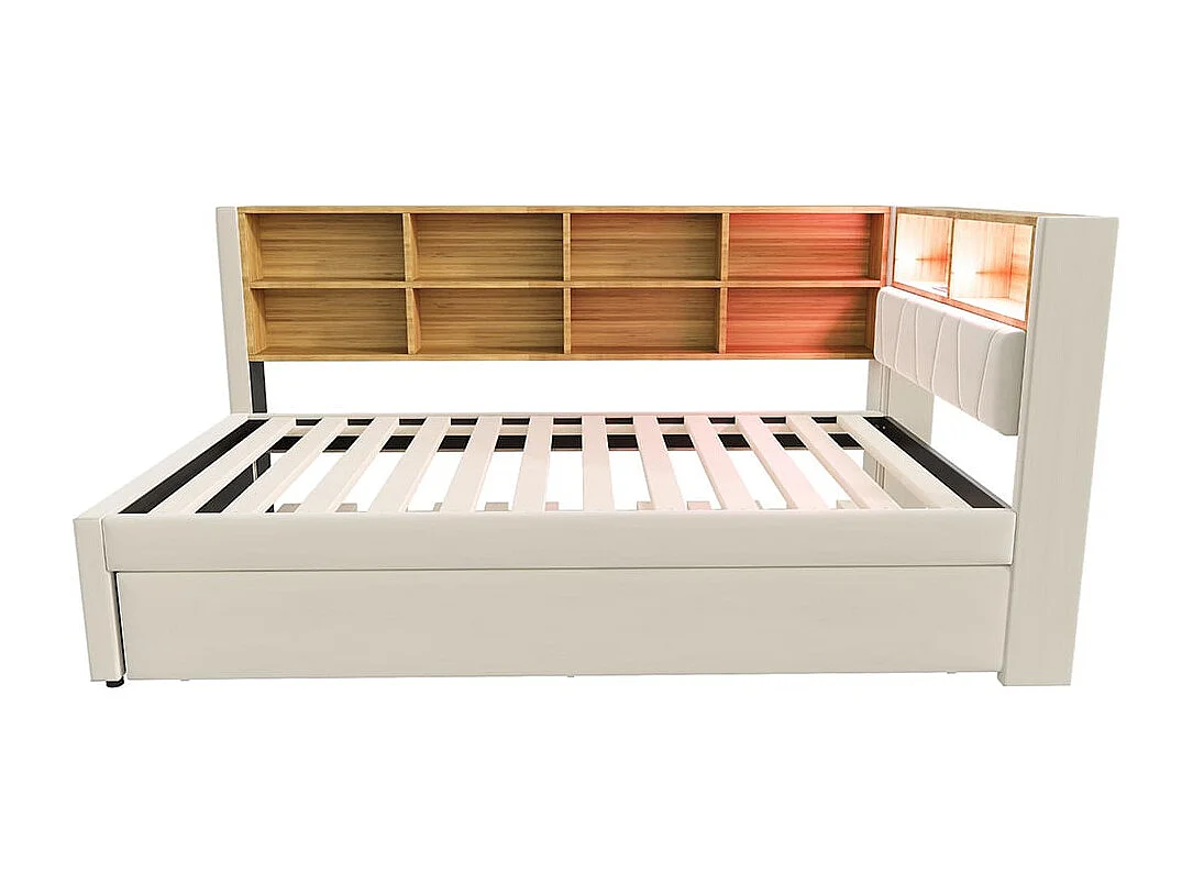 Schlafsofa 90*200, Ausziehbett 90*190 mit LED-Beleuchtung, Steckdosen und mehreren Staufächern, Flanell, beige.