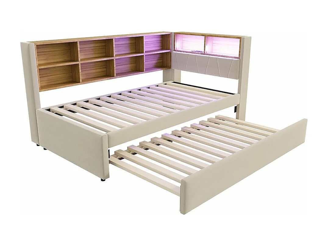 Schlafsofa 90*200, Ausziehbett 90*190 mit LED-Beleuchtung, Steckdosen und mehreren Staufächern, Flanell, beige.