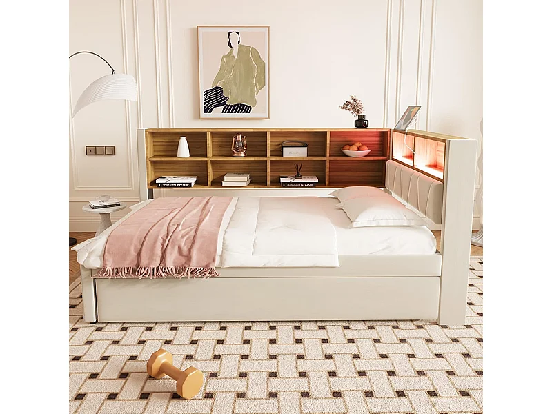 Schlafsofa 90*200, Ausziehbett 90*190 mit LED-Beleuchtung, Steckdosen und mehreren Staufächern, Flanell, beige.