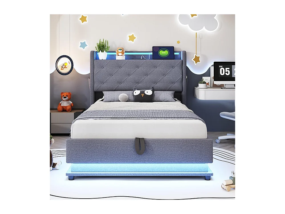 Lit d'enfant 90*200 cm, avec lumière changeante et prise USB, tête de lit rabattable avec pochette pour téléphone portable, tissu lin ,gris