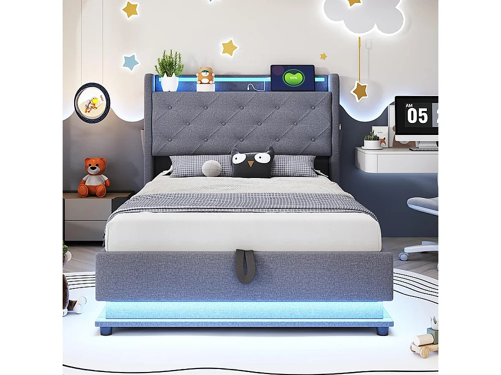 Kinderbett 90*200 cm, mit Wechsellicht und USB-Anschluss, aufklappbares Kopfteil mit Handytasche, Leinenstoff ,Grau