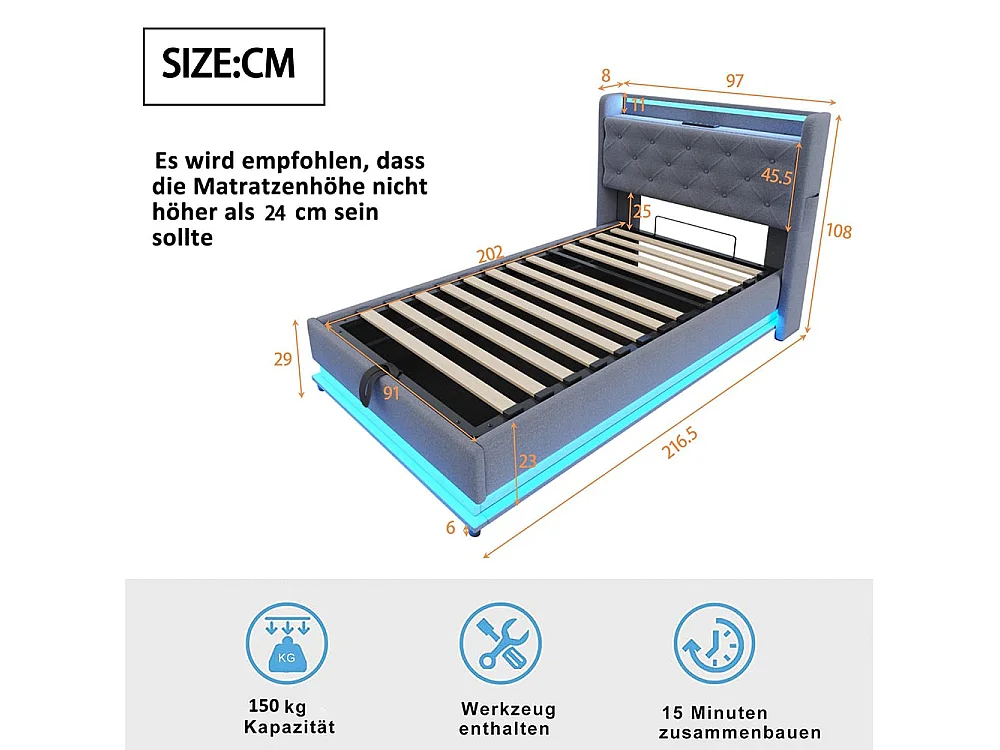Kinderbett 90*200 cm, mit Wechsellicht und USB-Anschluss, aufklappbares Kopfteil mit Handytasche, Leinenstoff ,Grau