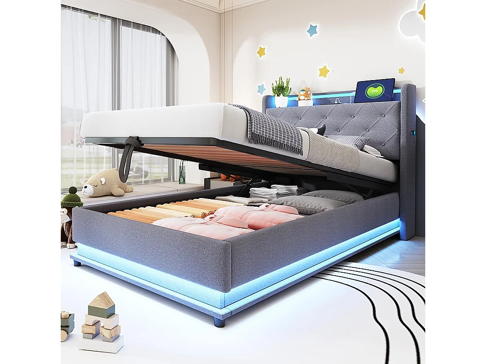 Kinderbett 90*200 cm, mit Wechsellicht und USB-Anschluss, aufklappbares Kopfteil mit Handytasche, Leinenstoff ,Grau