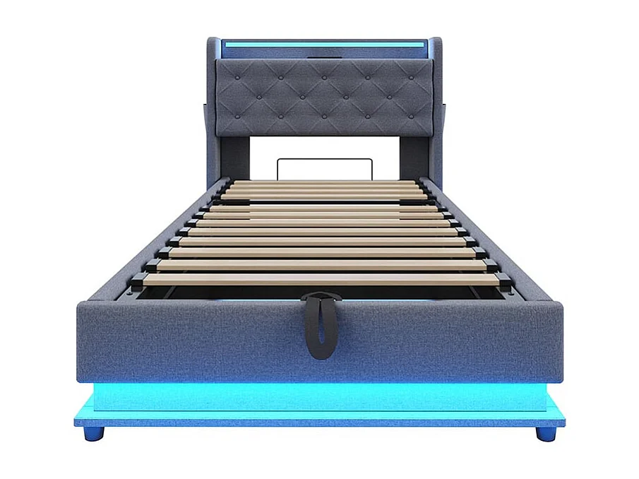 Kinderbett 90*200 cm, mit Wechsellicht und USB-Anschluss, aufklappbares Kopfteil mit Handytasche, Leinenstoff ,Grau