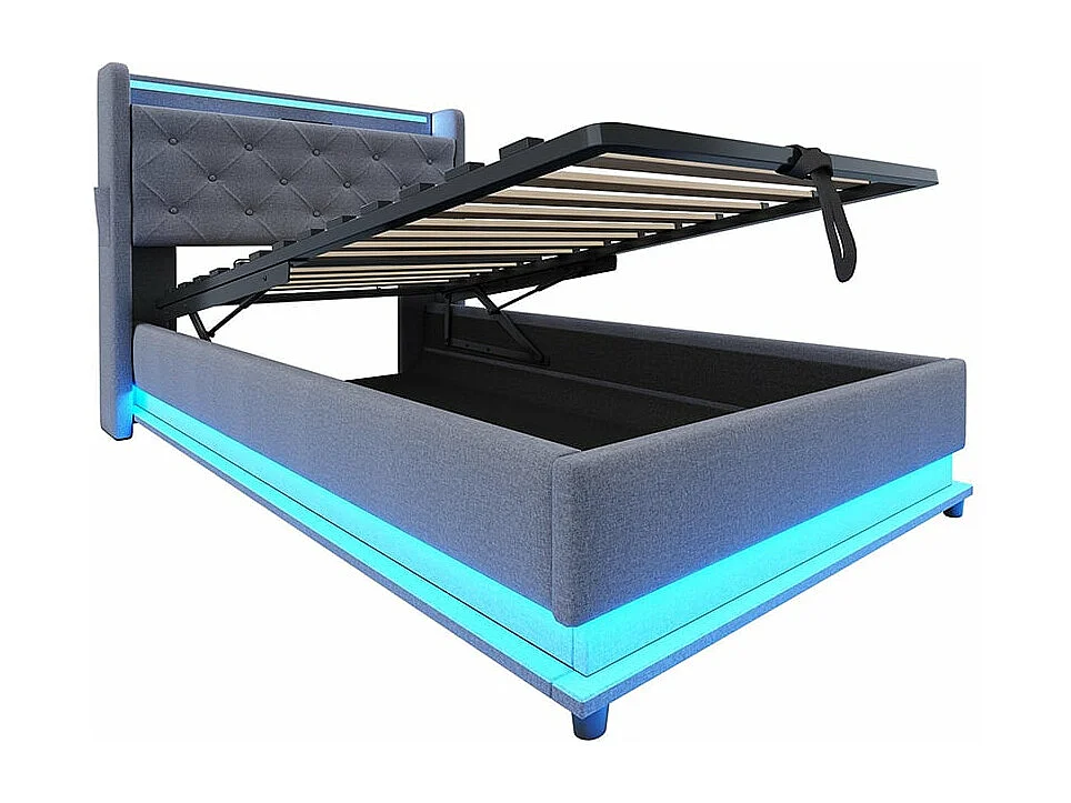 Kinderbett 90*200 cm, mit Wechsellicht und USB-Anschluss, aufklappbares Kopfteil mit Handytasche, Leinenstoff ,Grau