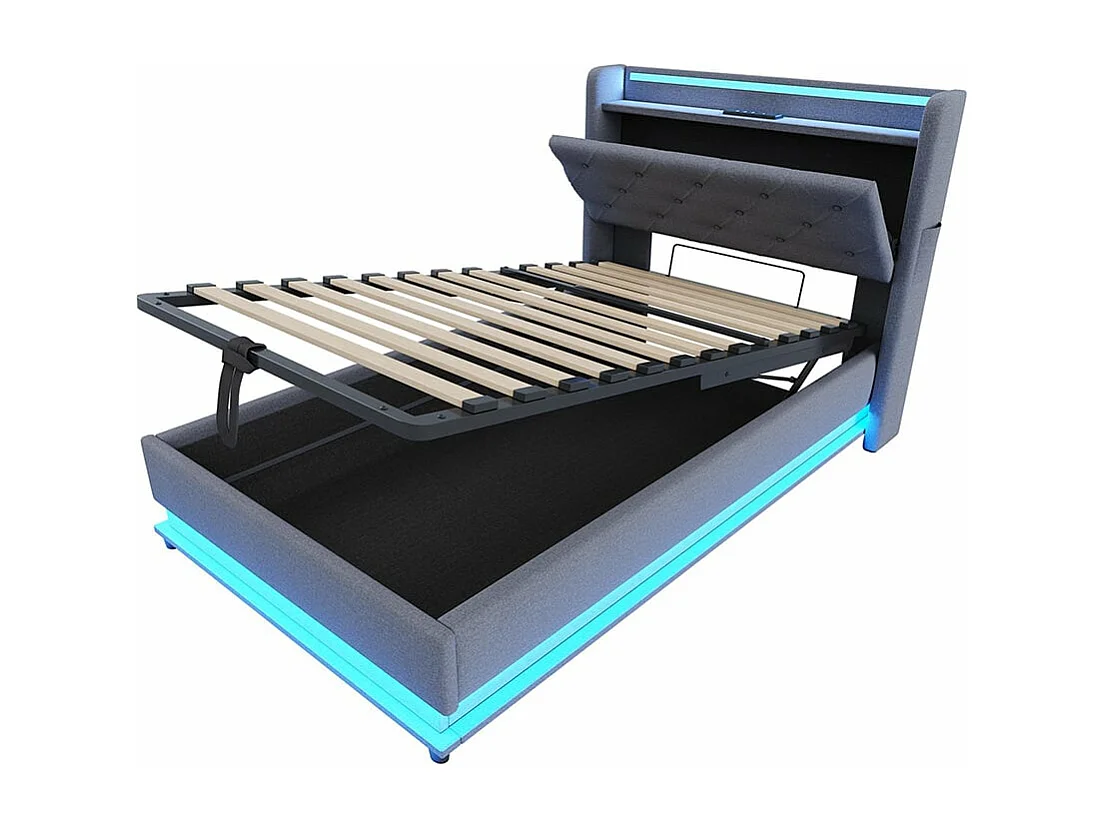 Kinderbett 90*200 cm, mit Wechsellicht und USB-Anschluss, aufklappbares Kopfteil mit Handytasche, Leinenstoff ,Grau